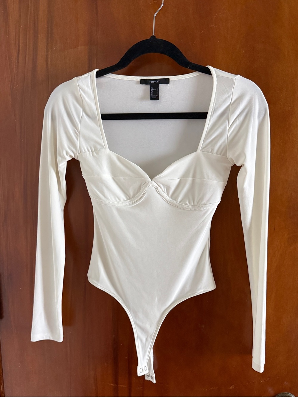 Forever 21 Cream Long-Sleeve Square Neck Bodysuit